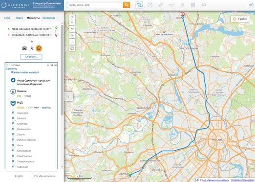 На геопортале «RuMap» теперь можно проложить маршрут общественного транспорта с учетом МЦД